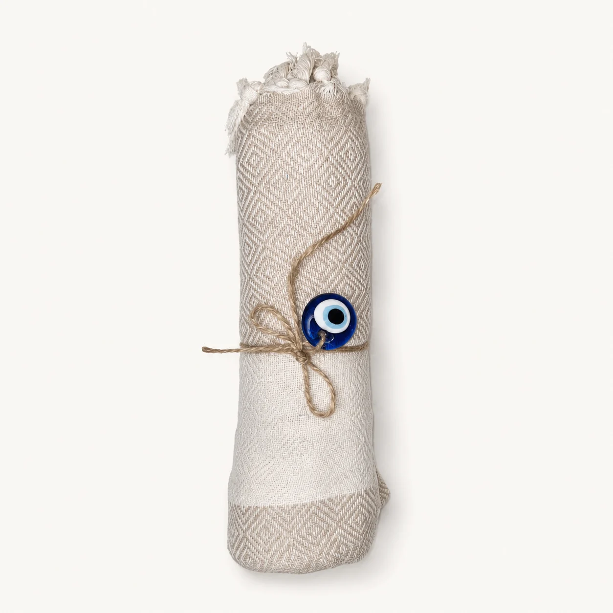 Lin de Sousse fouta in light taupe & natural ecru with a diamond weave and central band