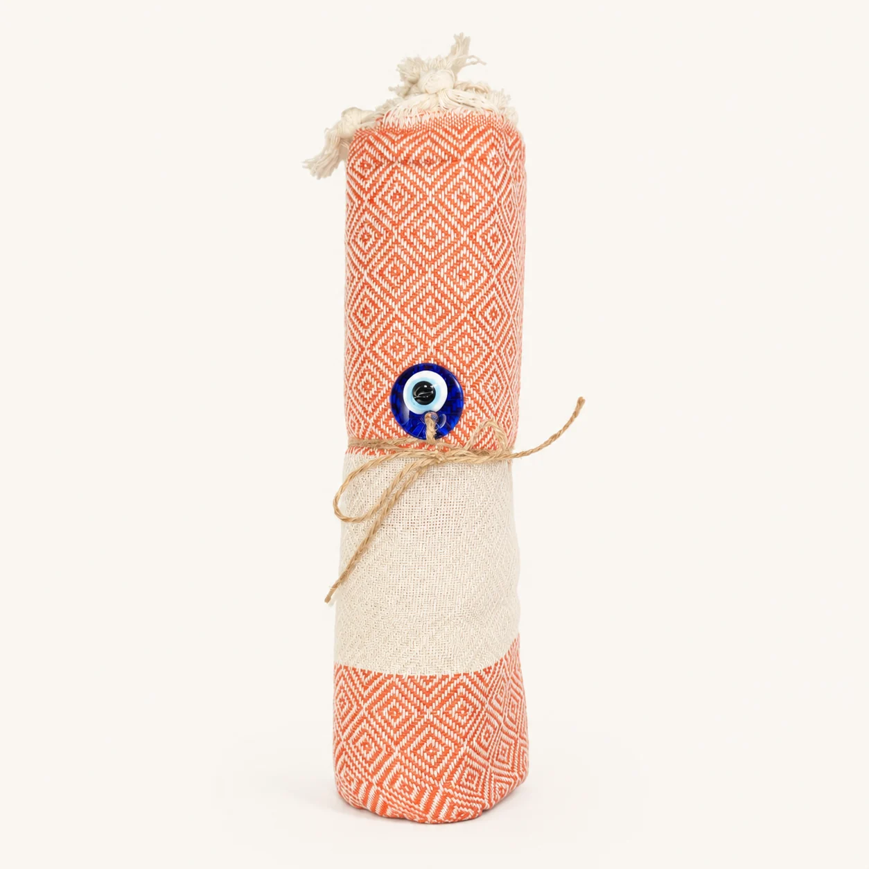 Mandarine du Cap Bon fouta in mandarin orange & natural ecru with a diamond weave and central band
